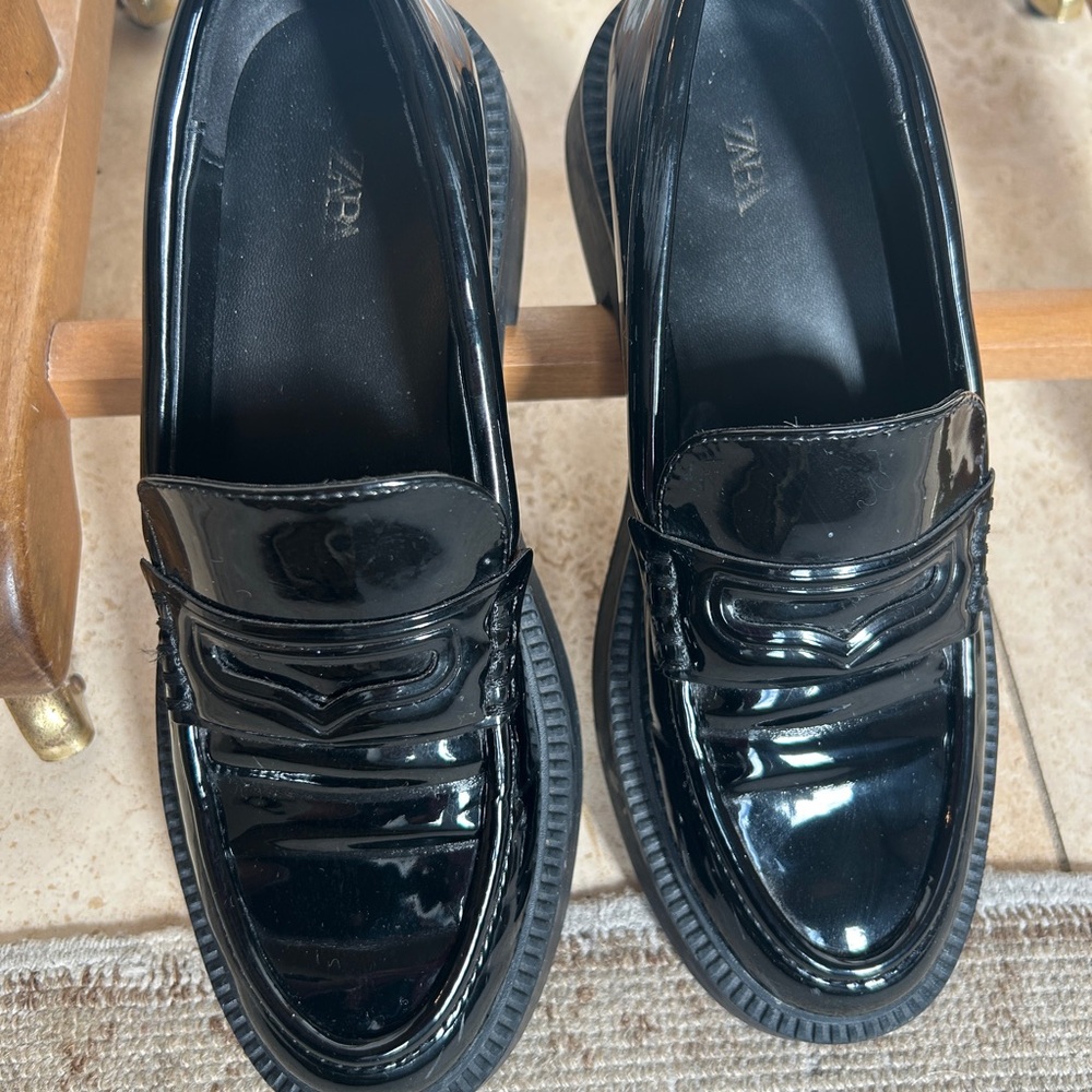Zara Black Patent Leather Women's Penny Loafers - Picture 2 of 5